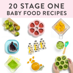 Graphic for post - 20 stage one baby food recipes. Images are in a grid of 9, showing how to prep, make and store baby food on a white counter top with colorful fruits and vegetables.