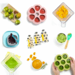 Grid of images of homemade baby food against a white backdrop. Some of them on colorful baby plates, others with my hands holding a freezer tray of baby food.