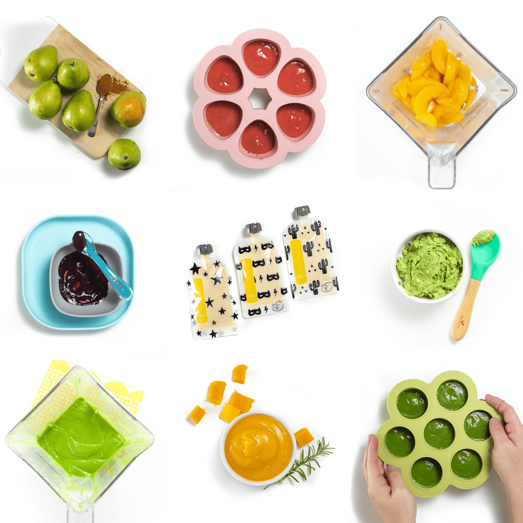 Grid of images of homemade baby food against a white backdrop. Some of them on colorful baby plates, others with my hands holding a freezer tray of baby food. 