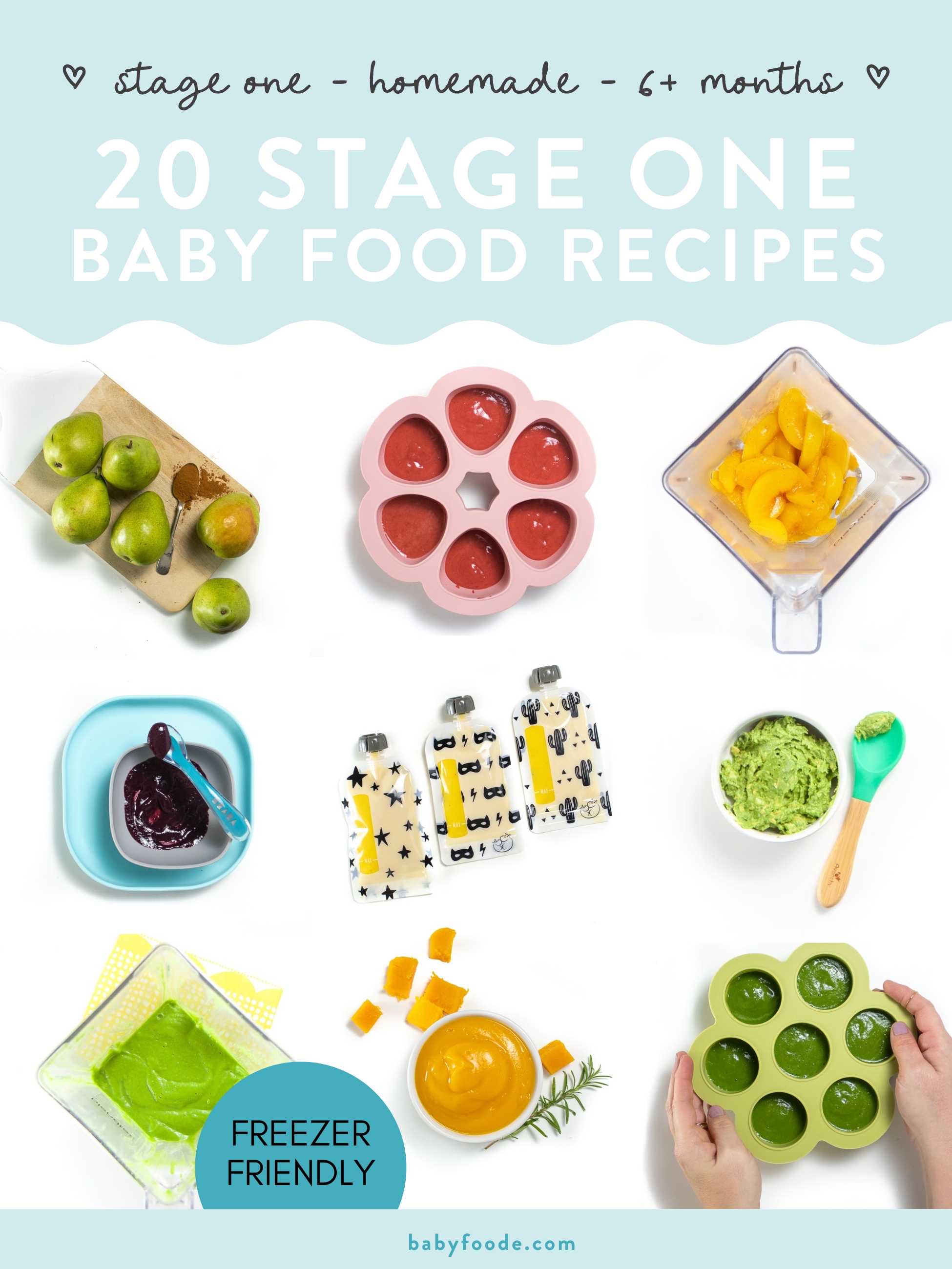 Graphic for post - 20 stage one baby food recipes, homemade, 6+ months, freezer friendly. Images are in a grid showing different stages of making and storing homemade purees for baby.