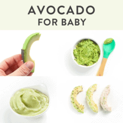 graphic for post - avocado for Baby - puree and blw. Images are of 4 ways to serve avocado to baby - hand holding a wedge of Avoado, mashed in a bowl, pureed with banana and stripes rolled in puffs.