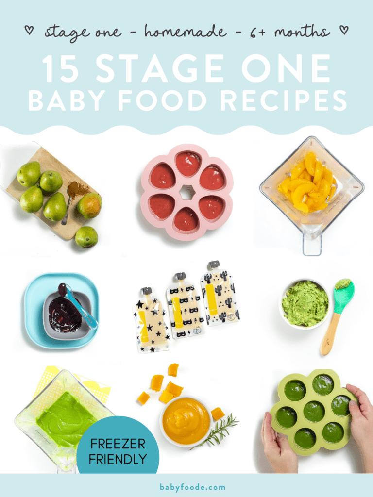 graphic for 15 stage one baby food recipes with images of cooked baby food.