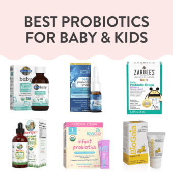 Graphic for post – best probiotics for baby and kids. Images are of bottles in a grid against a white background.