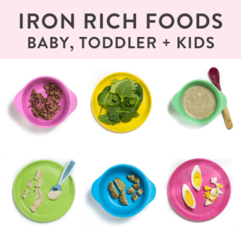 Graphic for Post- iron rich foods baby, toddler and kids - complete guide and over 50 recipes. Images are in a grid on colorful kids plates with iron rich foods.