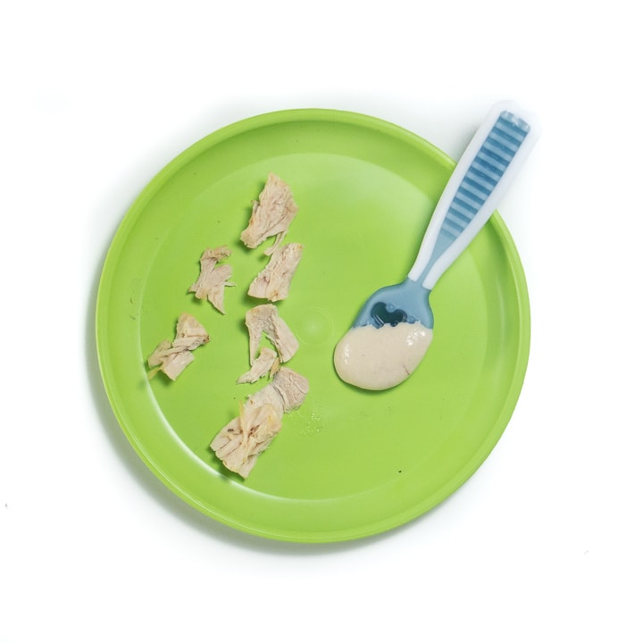 Green Plate with chunks of chicken and puree. 