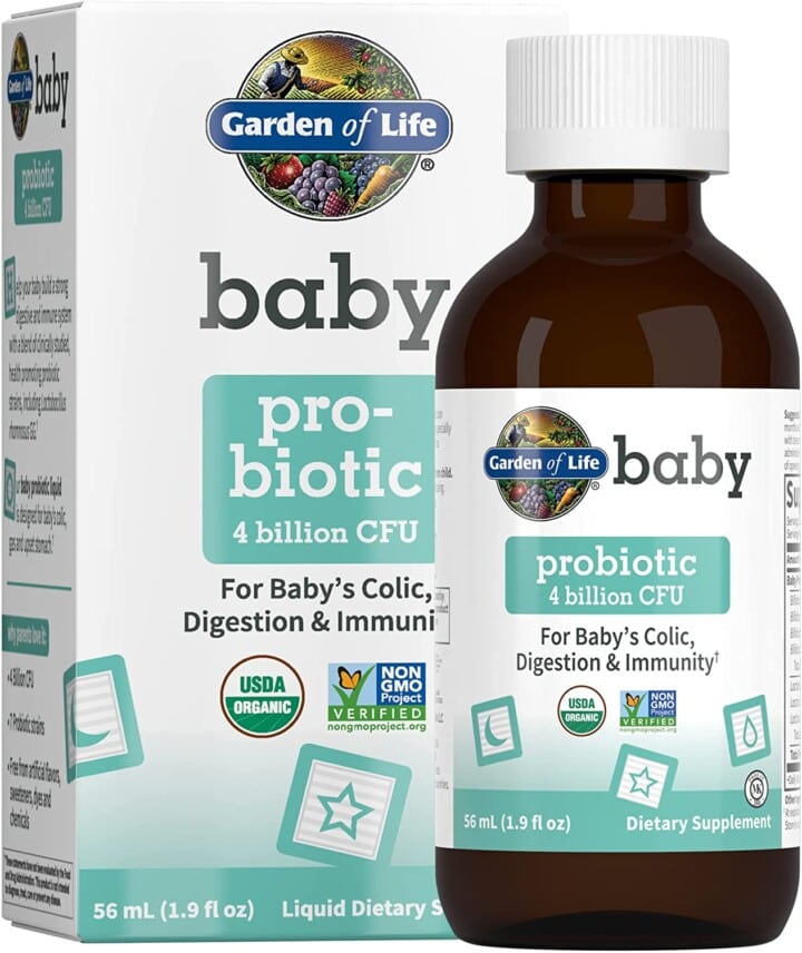 garden of life bottle and packaging with teal and white letters for infant probiotics