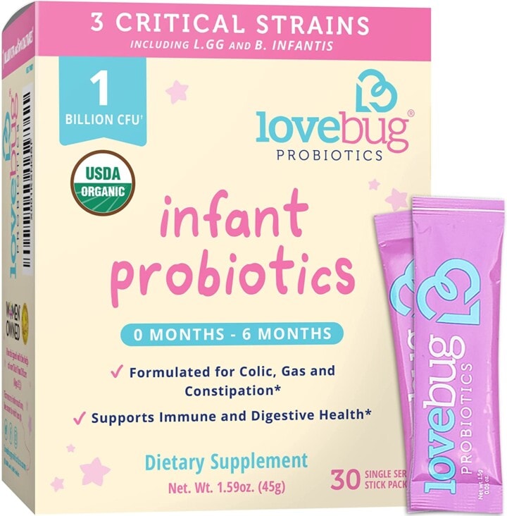 Cream box with pink and blue writing for probiotics for infants. 