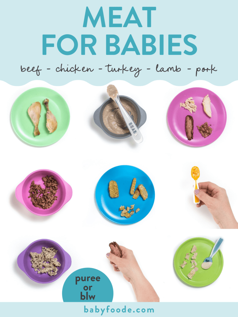 Graphic for post – meat for babies – beef, chicken, turkey, lamb, pork, purées or baby lead weaning. Images are in a grid of colorful baby plates Full of purées and finger foods.