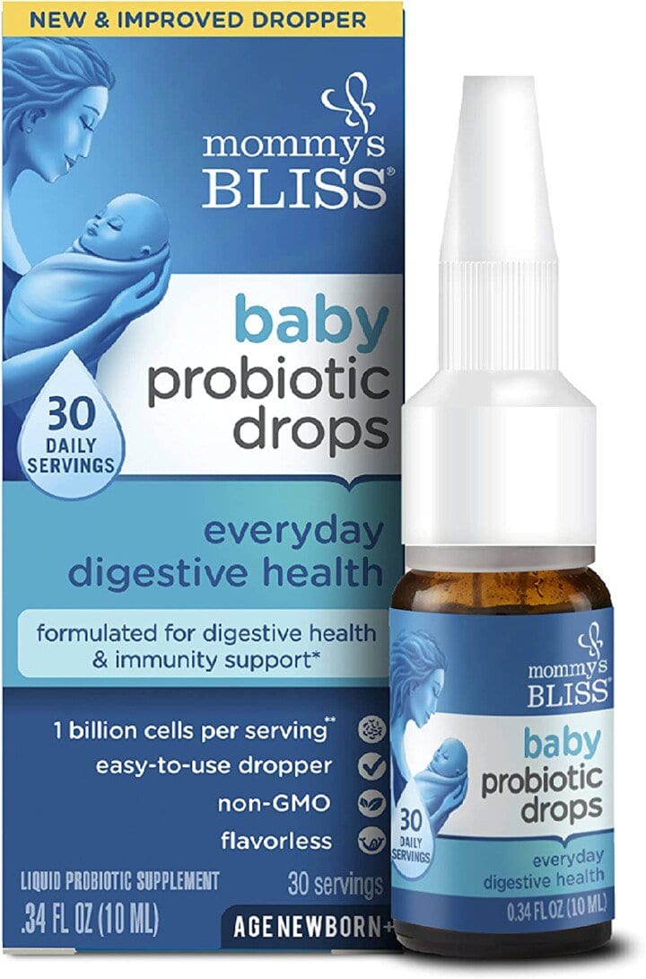 blue packaging and a blue bottle for probiotics for baby