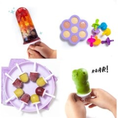 For images in a grid, showing colorful, happy and healthy, homemade Popsicles with kids, hands and colorful props against away background.