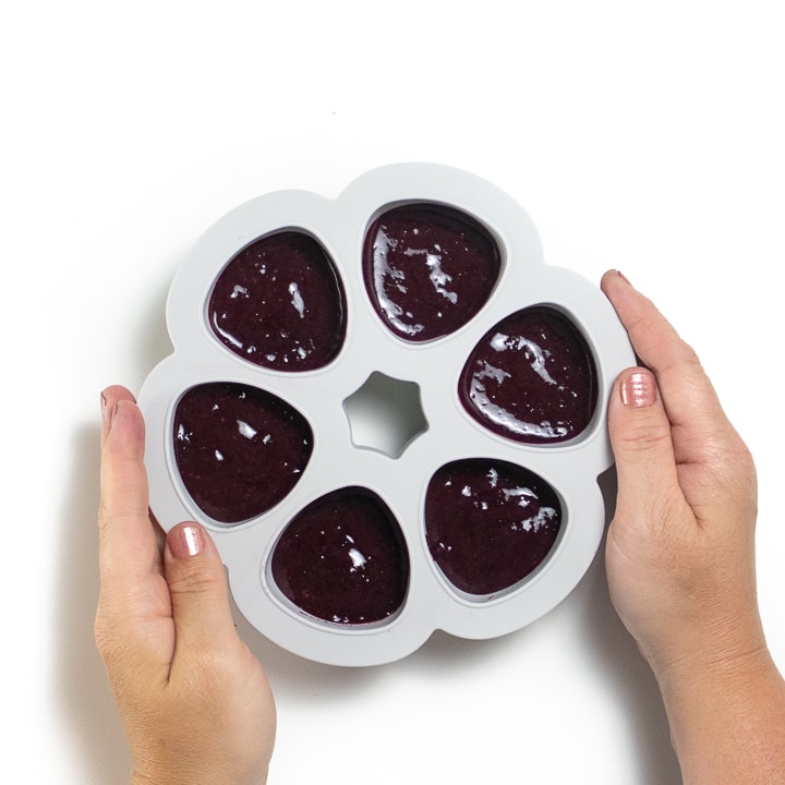 Hands holding a gray baby food storage container with blueberry puree inside.