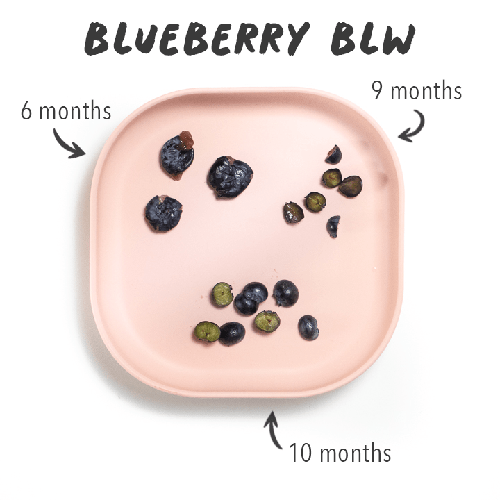 A pink plate with blueberries cut three different ways for different ages of baby to self-feed.