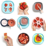 Grid of images with strawberry baby food.