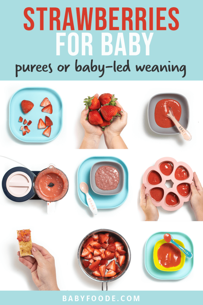 Graphic for post - strawberries for baby - purees or baby-led weaning. Images are in a grid with hands showing off the different foods.
