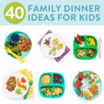 family dinner ideas for kids - images are in a grid of different colored kids plates filled with foods that kids love.