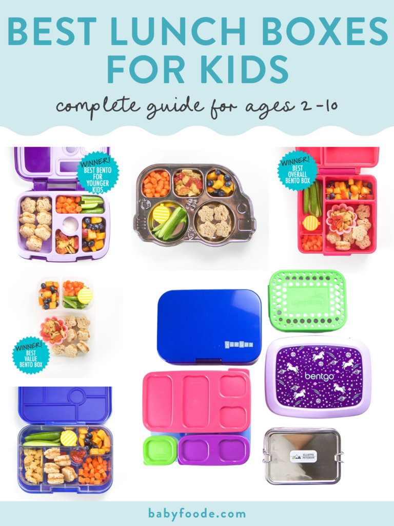 Graphic for post – best lunchboxes for kids, complete guide for ages 2–10. Images are of colorful lunchboxes in a grid against a white background.