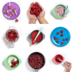 Grid of images with colorful baby plates, bowls and spoons showing raspberry purees, finger foods and spreads.