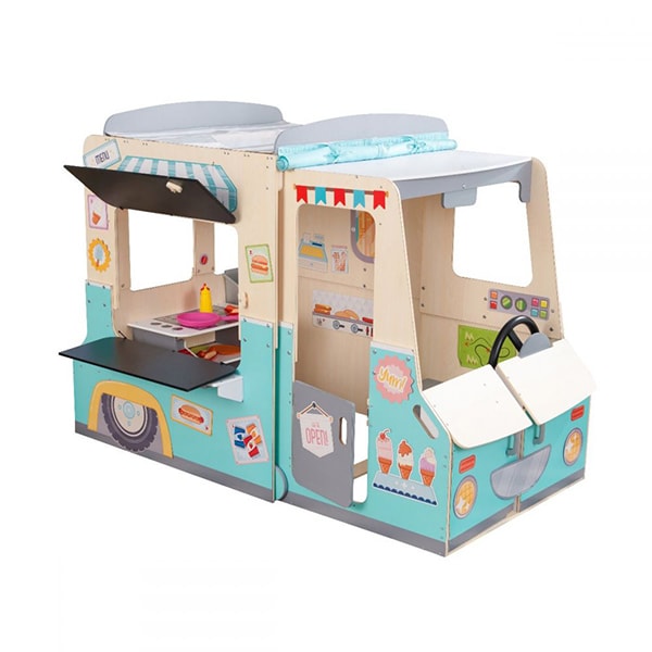 Wooden play kitchen in a food truck for kids.