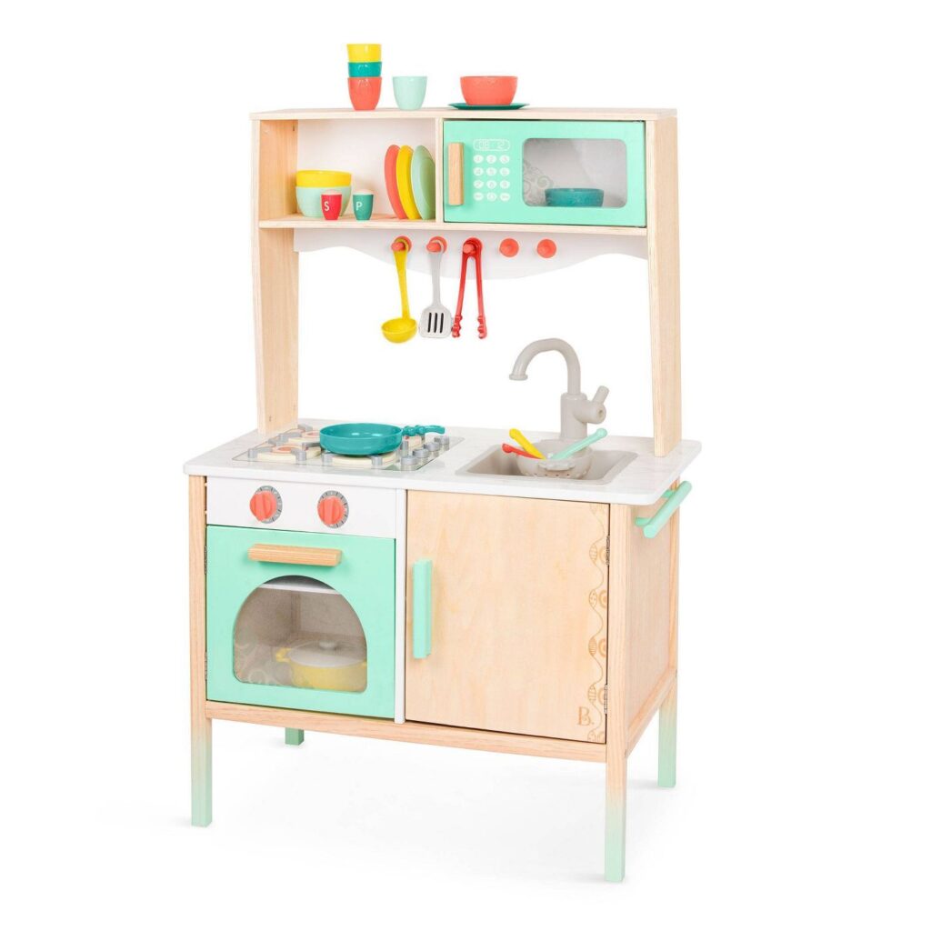 White, wood and splashes of teal, yellow and orange on this fun kitchen play set. 