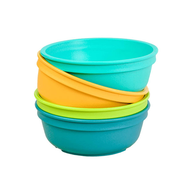 Stack of 4 colorful bowls for toddler.