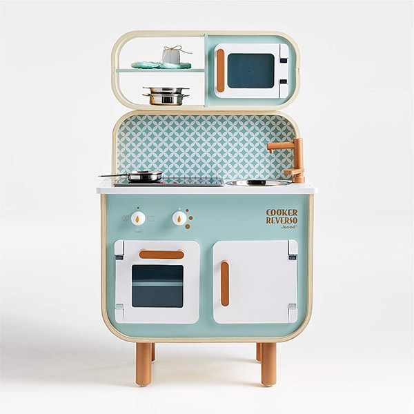 Very retro blue and wood play kitchen.
