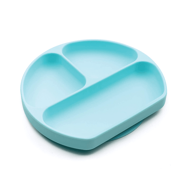 Teal plate on white backgroud with 3 sections for food.