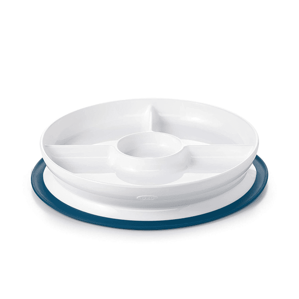 white sectional plate with blue rim for toddler.