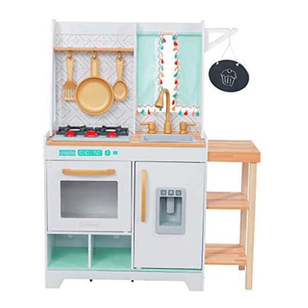 White wooden play kitchen for kdis with blue and gold accents.