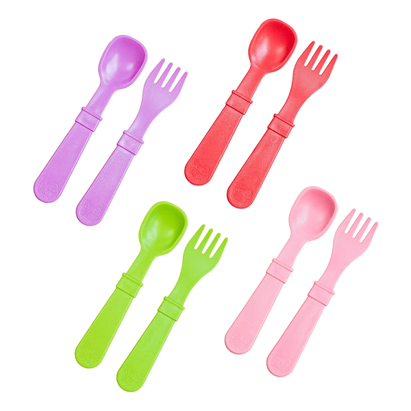 4 sets of colorful recycled plastic forks and spoons for toddler.