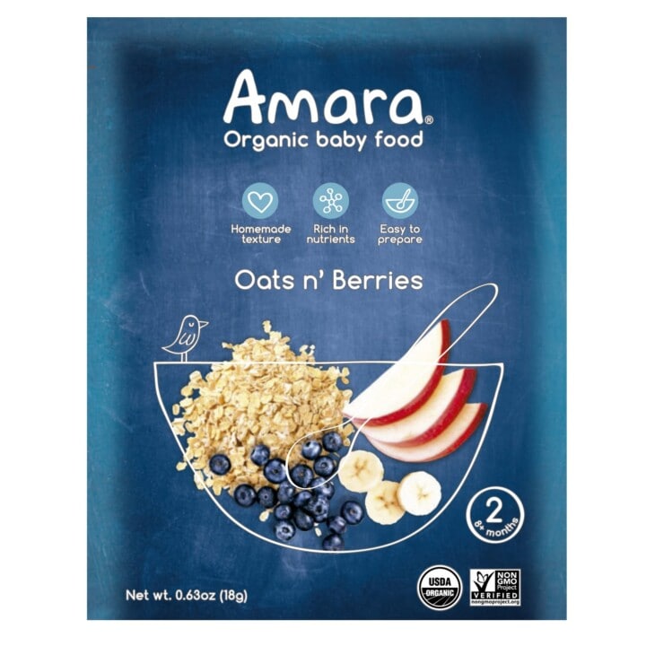 blue box with images of oats, apples and fruit for baby cereal. 