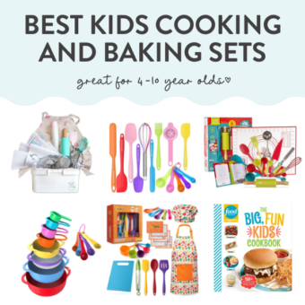 Graphic for post - best kids cooking and baking sets - great for 4-10 year olds. Images are in a grid of pictures of colorful products that are meant for kids to use in the kitchen.