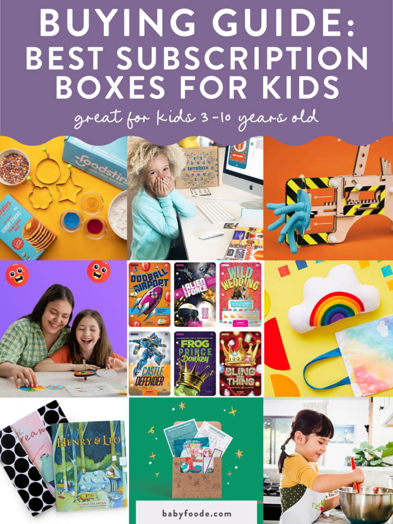 Graphic for post - buying guide: best subscription boxes for kids - great for kids 3-10 years old. Images are in a grid of colorful layouts of products and kids using their boxes. 