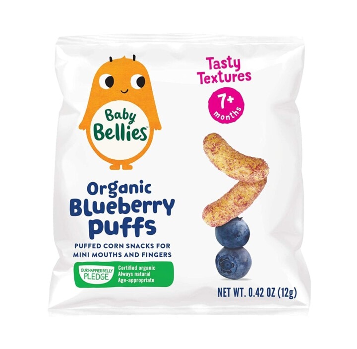 white package with a cute monster with blueberry puffs , 