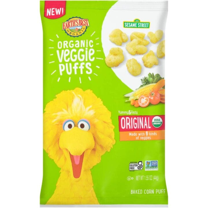 Green bag with big bird on it for veggie puffs for toddlers. 
