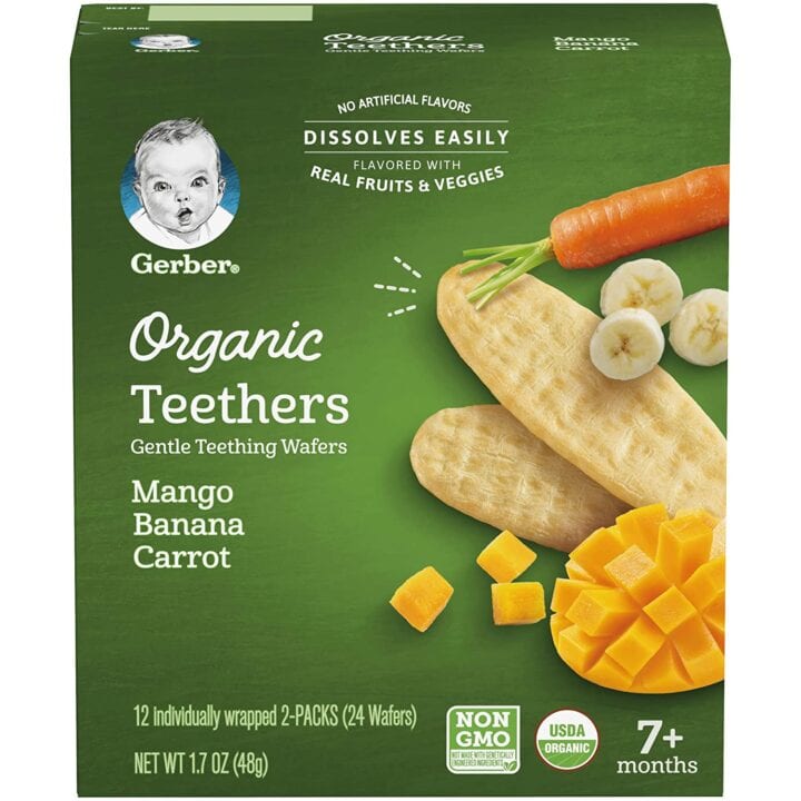 green box with mango banana carrot teethers on it. 