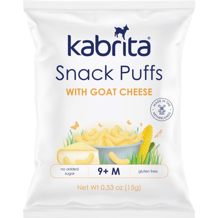 White bag with blue letters kabrita goat cheese snacks. 