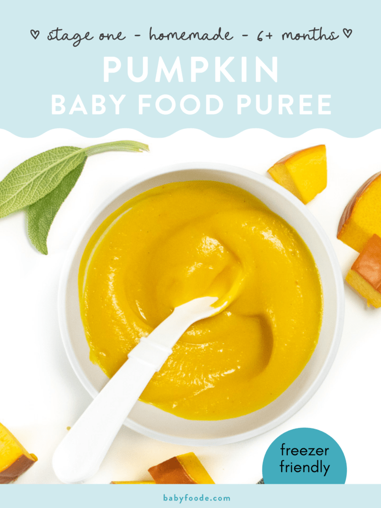 Graphic for post - pumpkin baby food - 4t months - homemade - stage 1. Images of a small bowl filled with a creamy pumpkin puree.