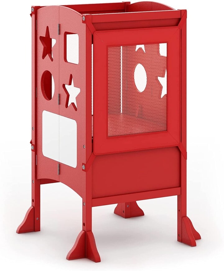 red kitchen tower for toddler and kids with cut out stars and shapes.