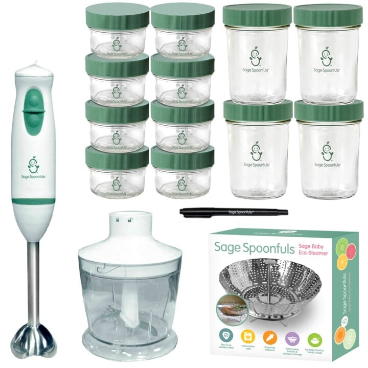 green and white set of hand blender and storage containers. 
