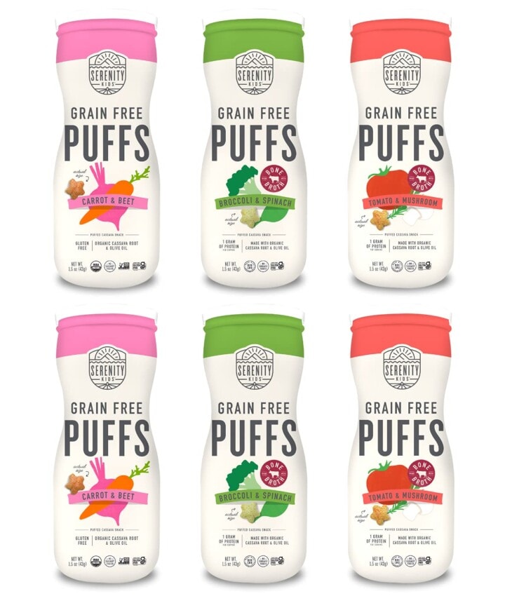 grid of 6 bottles of grain free puffs for baby and toddlers with bright pink, green and red colors. 