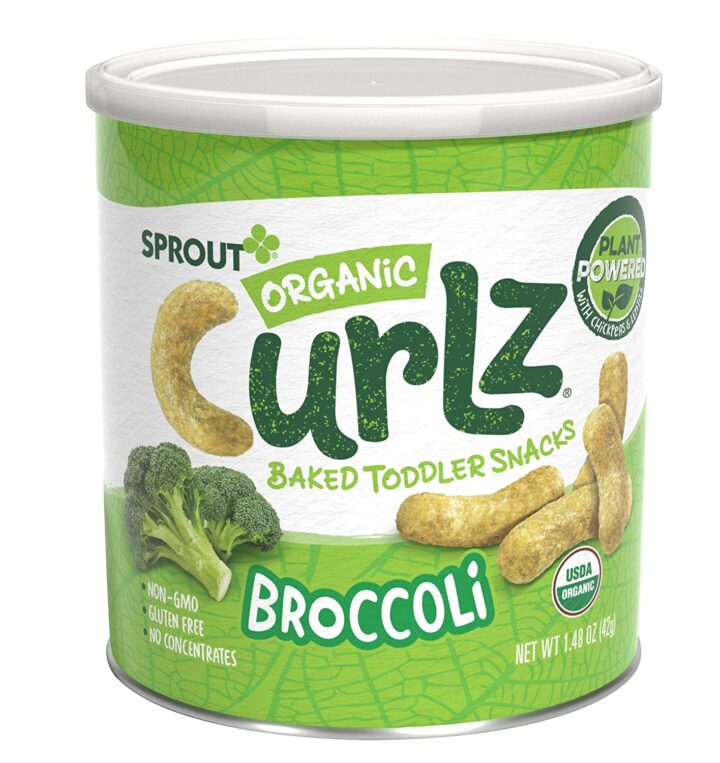 green tub of broccoli curl pufss for baby and toddler. 