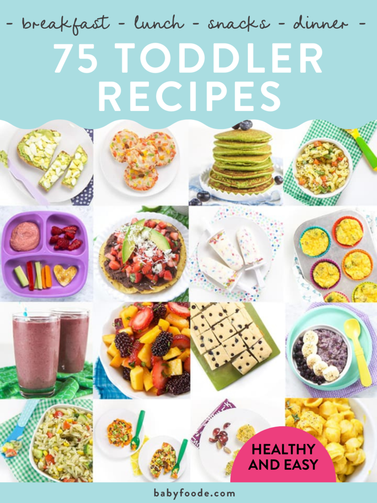 Graphic of post - breakfast, lunch, snacks, dinner - 75 toddler recipes. Images are in a grid and are colorful and fresh. 