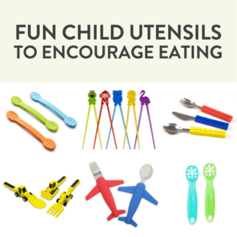 Graphic for post - fun child utensils to encourage eating with images of colorful toddler and kid forks, spoons and knifes that are fun.