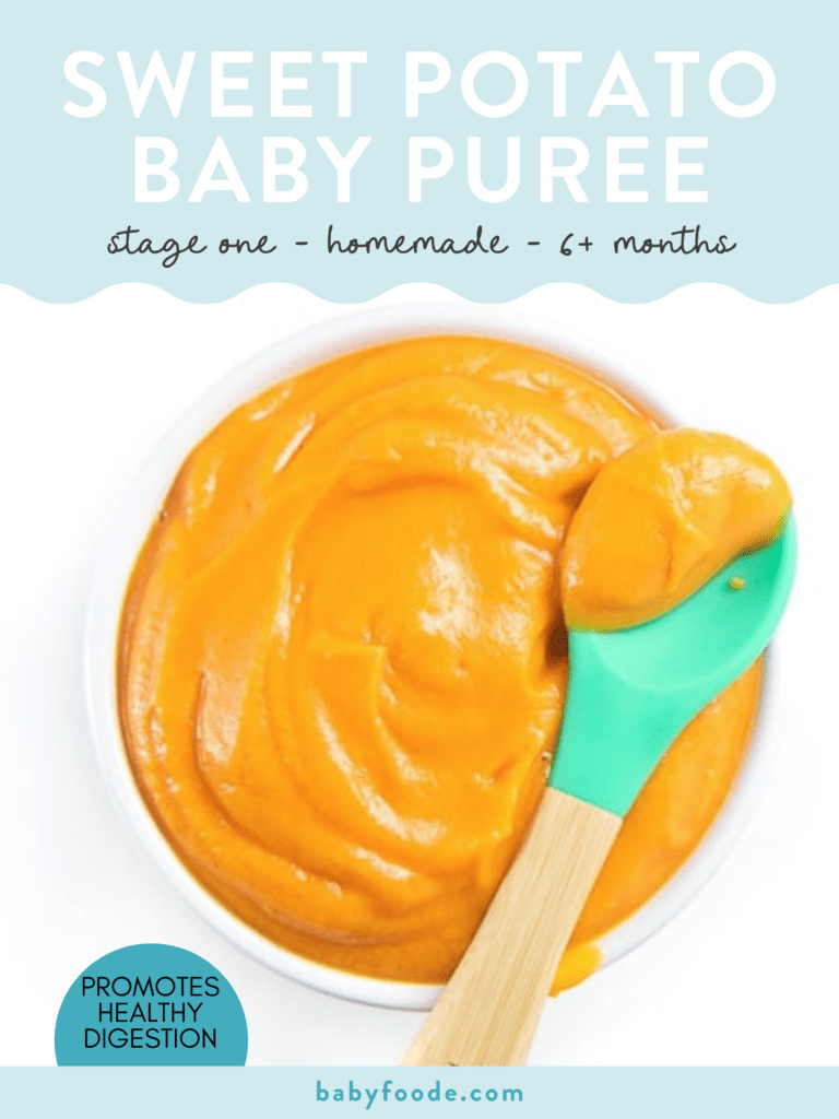 Graphic for Post - sweet potato baby food puree - with a small white bowl filled with puree for baby. 