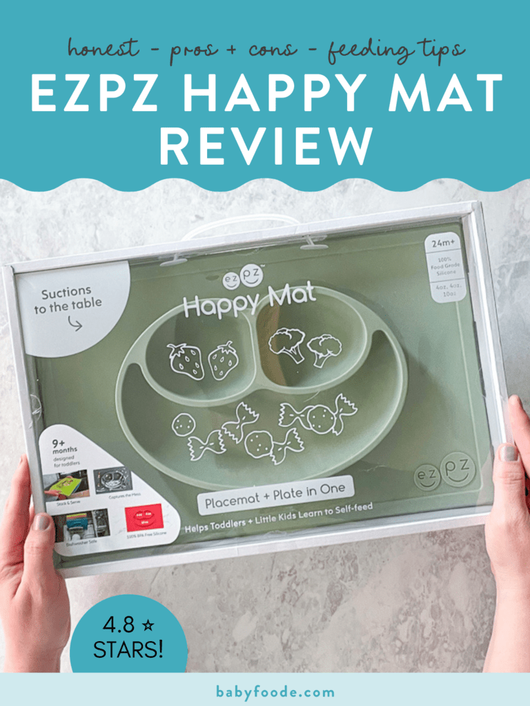 Graphic for post - honest, pros and cons, feeding tips, ezpz happy mat review. Images of hands holding a boxed sage green ezpz mat. 