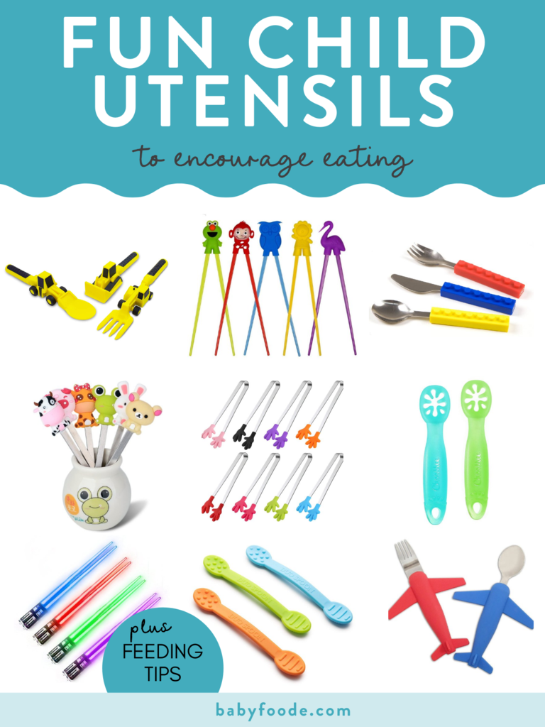 Graphic for post - fun child utensils to encourage eating with a grid of images that are of utensils that are colorful and for kids and toddlers. 