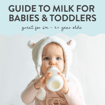 Graphic for post- milk for babies and toddlers - complete guide for 6 months - 2 years. Pictures is of a toddler sitting in a white high chair holding a bottle of milk.