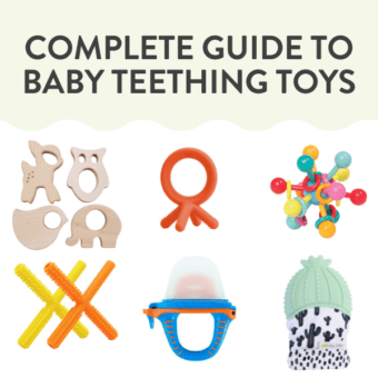 Graphic for post - best baby teething toys - complete guide - best brands - 4+ months. Images are of a baby holding a teether and then a spread of different teething toys.