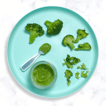 Teal baby plate sitting on my kitchen counter showing different ways to serve broccoli to baby.