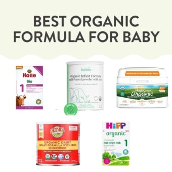Graphic for post - best organic formula for baby. Image is of a spread of different brands on a white background.